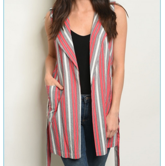 Nwt -Mauve or Beige Long Striped Vest with belt - Picture 3 of 12